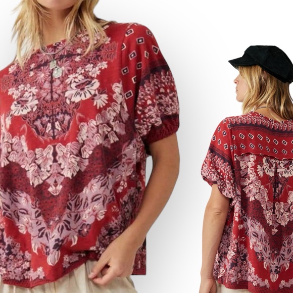 Free People Tops - - Free People Luly Tee T Shirt Top Bella Print Red Navy Size S/M/L NWT